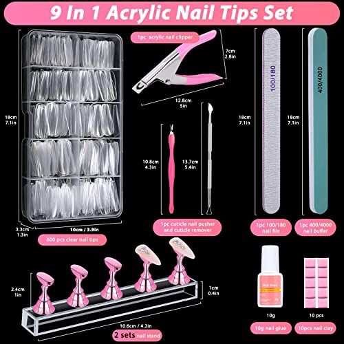 600PCS Clear Coffin Nail Tips Set Qinzave Clear Acrylic Nail Tips with Nail Glue Clear Coffin Nails Tip Full Cover with Nail Display Stand, Cuticle Nail Pusher Remover, Nail Clipper Nail Files Buffer - Image 5