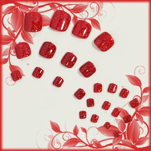 24Pcs Gel Nail Press on Toe Nails Glossy Red Acrylic False Toes Nails Sparkly Short Square Fake Toenails Cute Shine UV Full Cover Artificial Toenail Manicure Art Gel Toe Nails for Coquette Women Girls - Image 3