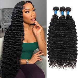 24 26 28 Inch 10A Deep Wave Bundles Human Hair Brazilian Deep Wave Human Hair Bundles Wet and Wavy Bundles 100% Unprocessed Virgin Curly Human Hair Weave 3 Bundles Natural Color