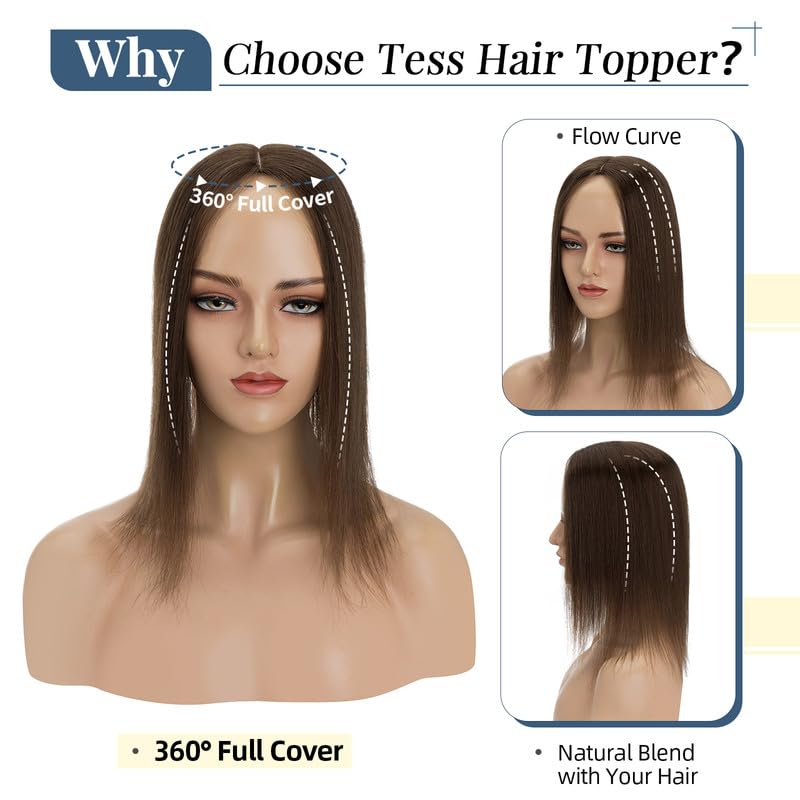 TESS 12 Inch Chocolate Brown 100% Human Hair Topper for Thinning Hair, 150% Density - Image 5