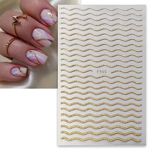5 Sheets Glitter Lines Nail Stickers Metallic Curve Lines Nail Decals Simple French Nail Art Supplies 3D Self-Adhesive Holographic Wave Lines Nail Art Design Accessories for Women Girls DIY Manicure - Image 3