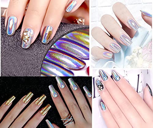 Solid Holographic Laser Powder Holo Golden Silver for Nails Mirror Chameleon Effect Multi Chrome Manicure Pigment Glitter Salon Home Nail Art DIY Deco 0.04oz/1g*2 Sponge Tool/4pcs - Image 6