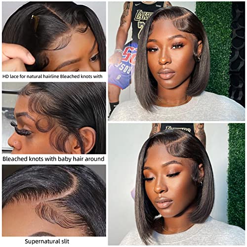 12 Inch Bob Wig Human Hair 13X4 HD Lace Front Wigs Human Hair Deep Side Part Wig Pre Plucked Natural Hairline 100% Brazilian Virgin Human Hair with Baby Hair Frontal Wigs 180 Density - Image 2