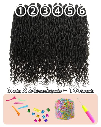 18 inch 6 Packs 144 Strands New Goddess Locs Crochet Hair-Pre Looped Faux Locs with Bohemian Curly Branch,Natural Black Soft River Locs Synthetic Hair Extensions for Black Women(1B) - Image 6