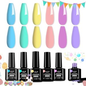 Gel Nail Polish Kit Spring Easter Gel Polish Set 6 Color Pastel Red Pink Purple Blue Green Bright Yellow Gel Polish Soak Off U V Led Gel Nail Art Manicure Kit for Girls Women