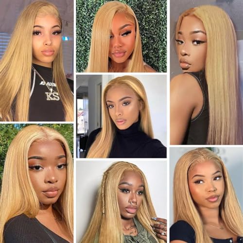 FTQZKEY Honey Blonde Straight Lace Front Wig 13x4 Transparent Lace Front Wig Human Hair 180 Density Colored Human Hair Lace Front Wigs 26 Inch Frontal Human Hair Wigs for Black Women - Image 5