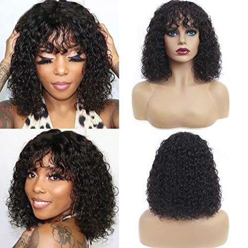 Short Curly Bob Wigs with Bangs 10inch None Lace Front Human Hair Wigs With Baby Hair for Black Women 150% Density Brazilian Virgin Afro Kinky Curly Wigs (10 Inch, Natural Black) - Image 5