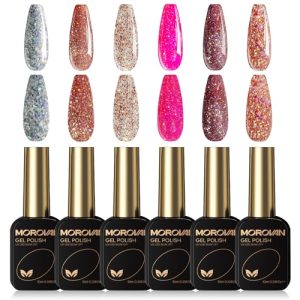 Morovan Gel Nail Polish Set: 6 Colors Glitter Gel Polish Sliver Gold Pink Nail Polish Gel Starter Kit Soak Off Curing Required Sparkle Glitter Gel Nail Polish Colors For DIY Home Salon
