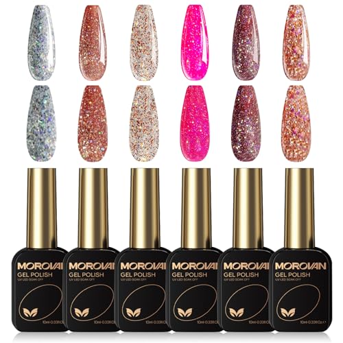 Morovan Gel Nail Polish Set: 6 Colors Glitter Gel Polish Sliver Gold Pink Nail Polish Gel Starter Kit Soak Off Curing Required Sparkle Glitter Gel Nail Polish Colors For DIY Home Salon