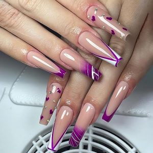 IMSOHOT Long Press on Nails Coffin Purple French Tips Fake Nails Rhinestone Full Cover Acrylic False Nails with Cute Heart Designs Glossy Glue on Nails Ballerina Artificial Nails for Women 24Pcs