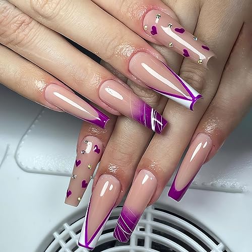 IMSOHOT Long Press on Nails Coffin Purple French Tips Fake Nails Rhinestone Full Cover Acrylic False Nails with Cute Heart Designs Glossy Glue on Nails Ballerina Artificial Nails for Women 24Pcs