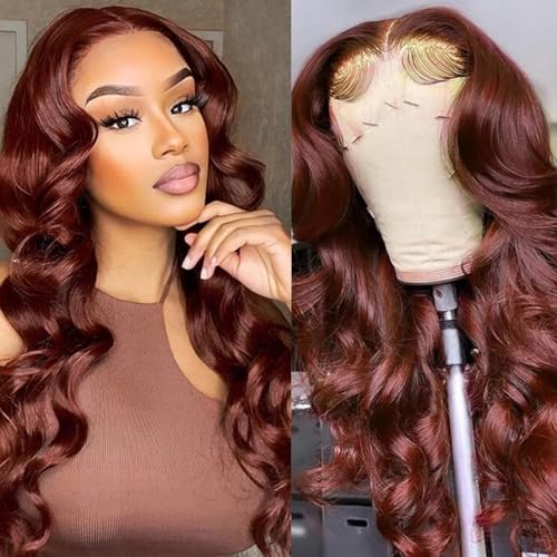 Reddish Brown Lace Front Wigs Human Hair 13x4 Body Wave Brown Lace Front Wigs Human Hair 180% Density Lace Front Wigs Human Hair Pre Plucked with Baby Hair 20inch HD Lace Front Wig Human Hair(20 inch)