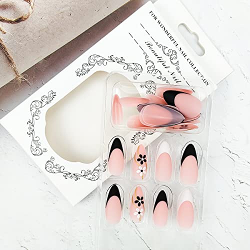 Flowers Press on Nails Medium Almond Fake Nails French Goldline Black White Floral False Nails Acrylic Petals Design Accessories Supplies for Home Manicure Salon Decoration DIY for Women 24PCS - Image 6