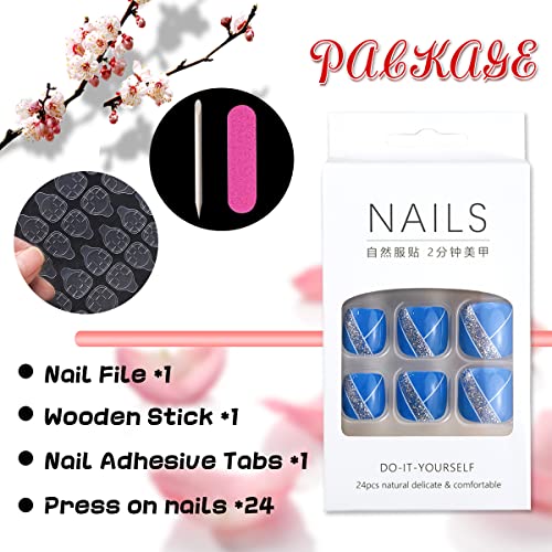 Press On Toenails Toe Tips Fake Nails Short Acrylic Blue Toe Nails Press On Fake Toenails French Tip Press On Nails Glitter Toe Nail Tip Square Stick On Nails False Toenails For Women 24pcs - Image 3