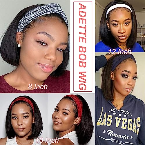 Bob Human Hair Headband Wigs Straight Headband Wigs For Black Women Short Bob Human Hair Wigs Color 1B Natural Black None Front Lace 150% Density Brazilian Human Hair Headband Wig (12") - Image 5