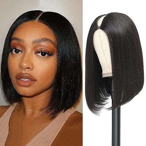 SUPERNOVA V Part Bob Wig Human Hair Upgrade U Part Wig No Leave Out No Sew in V Part Half Wigs Clip In No Lace Glueless Straight Bob Wig For Women 10 Inch