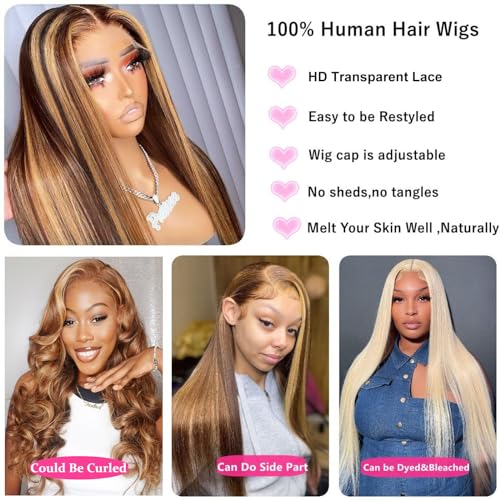 Highlight Lace Front Wig Human Hair 13x4 Honey Blonde HD Lace Front Wig Human Hair Pre Plucked 200% Density Straight Ombre Lace Front Wigs Human Hair Wigs for Women (22inch,4/27 13X4 Wig) - Image 5