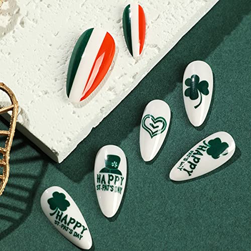 St. Patrick's Day Press on Nails Short Almond, Fake Nails for St. Patrick's Day Gift, False Nail Kits with Lucky Clover Shamrocks Irish Leprechaun Design Fake Nails Gel Stick on Nails Sets for Women - Image 2