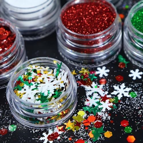 Christmas Nail Glitters Christmas Tree Snowflakes Nail Sequins Red Green Mixed Xmas Designs Powder Hexagon Chunky Glitter Flakes Nail Art Glitter Christmas Nail Accessories for DIY Nail Craft - Image 5