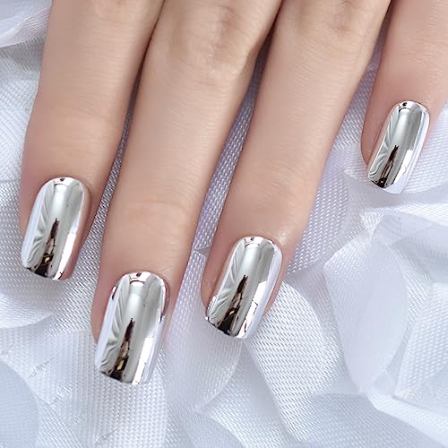 iMABC Press on Nails Metallic Mirror Sliver Fake Nail |UV Medium-short Square False Nails | Glue Acrylic Decoration Manicure Gift for Girls Women Wear 24Pcs - Image 5