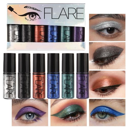 6Pcs Glitter Liquid Eyeshadow Stick Kit,Black Silver Bronze Blue Cyan Purple Shimmer Eye Shadow,Waterproof Eyeliner Eyelid Sparkling Makeup,sombras liquidas para ojos,Quick-Drying,Set C