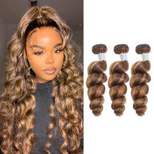 16 18 20 Inch Honey Blonde Highlight Loose Wave 10A Remy Human Hair Bundles