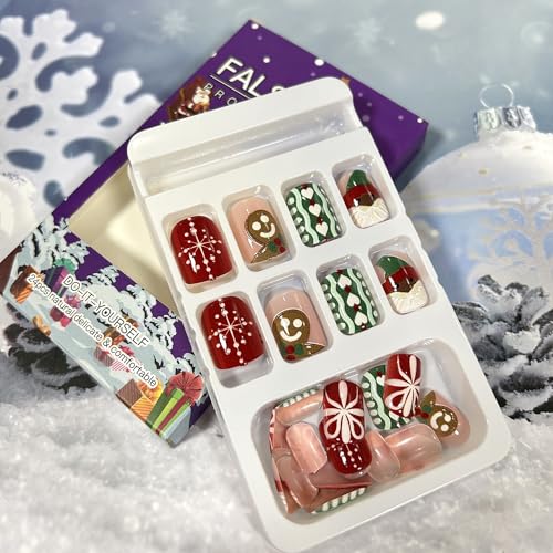 Short Square Acrylic Christmas Press on Nails with Santa Claus Snowflake Design for Women - Image 4