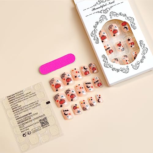 Halloween Press on Nails Short Square Fake Nails Cute Pumpkin Spider Star Moon Full Cover Stick on Nails Halloween Ghost False Nails Nude Pink Acrylic Nails Glossy Static Nails for Women DIY 24Pcs - Image 4