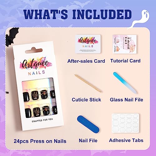 Artquee Halloween Press on Nails Short Black Fake Nail Glossy 3D Gold Skull Claws Spider Designs Square False Nails Acrylic Stick on Nails Tips Manicure for Women and Girls in 12 Sizes - 24pcs - Image 3