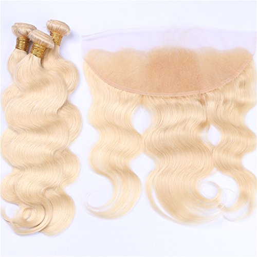 Body Wave Human Hair Weft Extensions With 13x4 Lace Frontal Russian Blonde 613 Hair 3Bundles With Ear To Ear Frontal With Baby Hair (26 28 30+24 inch frontal)