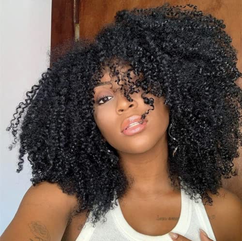 Afro Kinky Curly Wig With Bangs 200 Density Full Machine Made Human Hair Wig Scalp Top Wig Brazilian Short Curly Wigs For Black Women Natural Color 16 Inch - Image 4