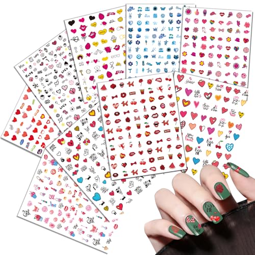 18 Sheets Nail Art Stickers for Women Girls Kids, Panda Lips Sunflower Love Heart Fruit Self-Adhesive Nail Stickers for Nail Art Decoration with Tweezers and Sticks - Image 3