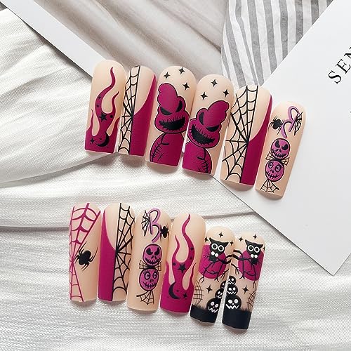 Halloween Press on Nails Long Coffin Fake Nails Full Cover False Nails with Scary Ghost Designs Spider Web Acrylic Nails Matte Stick on Nails Halloween Artificial Nails for Women and Girls 24Pcs - Image 4