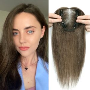Hair Toppers for Women Real Human Hair Toppers 12 Inch 120% Density Gourd shaped Swiss Base Clip in Topper Top Hair pieces for women with Thinning Hair (Medium Auburn Brown)