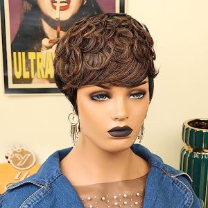 Pixie Curly Wig for Black Women Short Human Hair Wigs with Bangs Glueless Remy Brazilian Hair Wig Black Mixed Brown Highlight Color Wigs with Side Bangs Curly Human Hair Cute Wigs Brown Bob Wig