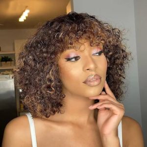 Highlight Honey Blonde Short Curly Bob Brazilian Human Hair Wigs With Bangs Ombre 4T27 Color Short Pixie Cut Bob Curly Wave Deep Wave Wigs 13X4 HD Transparent Lace Human Hair Wigs For Women 150% D
