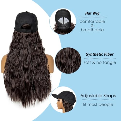 22 inches Synthetic Baseball Cap Wig with Wavy Hair Wigs for Women Daily Wear Black Hat Wig with Natural/Light Brown/Dark Brown Synthetic Hair (Dark Brown) - Image 4
