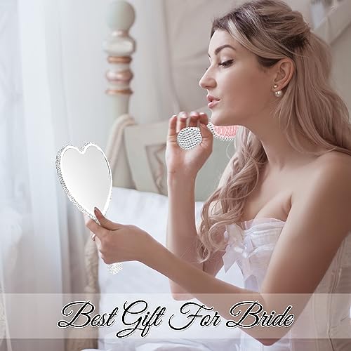 4 Pcs Rhinestone Handheld Mirror and Bling Hair Brush Set 2 Cute Heart Shaped Mirror 2 Wet and Dry Hair Brush for Women, Girls Bride, Bridesmaid Gift (White and Silver) - Image 5