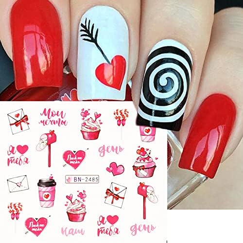 12 Sheets Valentine's Day Nail Art Stickers for Women - Water Transfer Designs with Hearts, Letters, and Cartoon Bears - Image 3