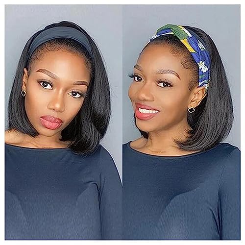 Bob Human Hair Headband Wigs Straight Headband Wigs For Black Women Short Bob Human Hair Wigs Color 1B Natural Black None Front Lace 150% Density Brazilian Human Hair Headband Wig (12") - Image 7
