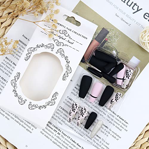 Press on Nails Medium Acrylic Fake Nails Black Leaves Gold Glitter Nail Tip Nail Design False Nails Acrylic Black Stick on Nails for Women for Nail Art Nail Art Decorations 24PCS - Image 3