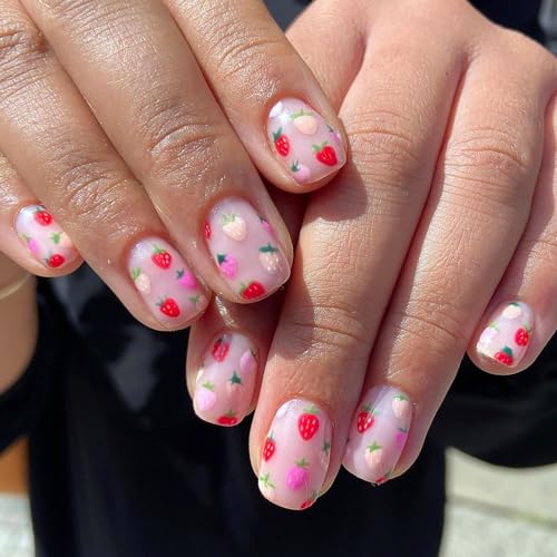 Cute Pink Strawberry Glossy Short Square Acrylic Press-On Nails 24 Piece Set