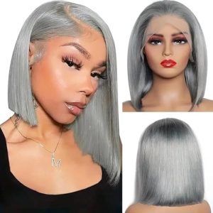 Bob Wig Human Hair Grey 13x4 Lace Front Wigs Human Hair Pre Plucked Hairline Middle Part Brazilian Virgin Human Hair Lace Front Wigs 14 Inch Bleached Knots Lace Front Short Bob Wig 180% Density