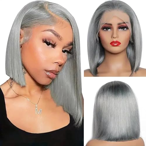 Bob Wig Human Hair Grey 13x4 Lace Front Wigs Human Hair Pre Plucked Hairline Middle Part Brazilian Virgin Human Hair Lace Front Wigs 14 Inch Bleached Knots Lace Front Short Bob Wig 180% Density