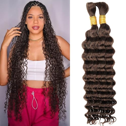 Human Braiding Hair For Boho Braids Deep Wave Bulk Human Hair for Braiding Wet And Wavy Human Braiding Hair Extensions No Weft 100% Brazilian Virgin Curly Human Braiding Hair (18 Inch, 4#)