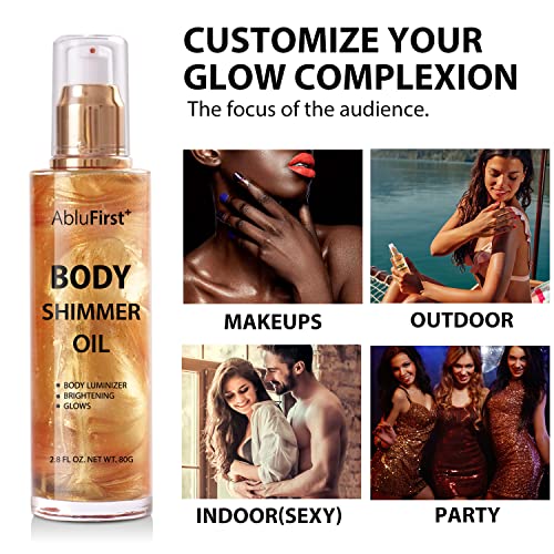Shimmer Body Oil 4 Colors Summer Body Glitter Moisturizing Light Shimmer Glow Non-Sticky Summer Body Luminizer and Illuminator Smooth (2.8 Fl Oz (Pack of 1), Gold) - Image 6