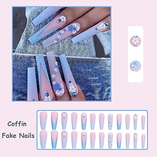 MISUD 24 pcs Long Ballerina Blue Gradient Matte Acrylic Press on Nails with Rhinestones - Image 4
