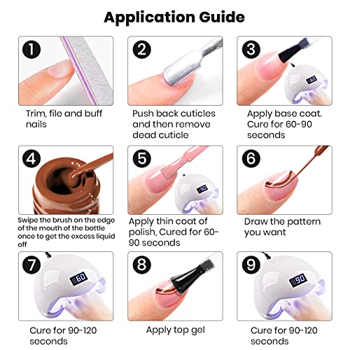 RARJSM Nail Art Gel Liner Nude Color 6pcs Set Nude Pink Brown Skin Tone Painting Striping Gel Nail Polish UV LED Curing Requires Soak off 8ml Build in Thin Sharp Brush Home DIY Salon Swirl Nail Design - Image 7