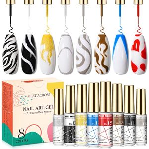 MEET ACROSS Painted Gel Nail Polish Nail Art Gel Liner, 8 Colors White Red Silver Gold Liner Gel Nail Art Polish, Painting Gel for Line Pulling, Soak Off Gel Art Paint for Nails