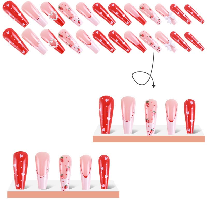 24Pcs Long Press on Nails Square Fake Nails White French Tip Glue on Nails Cute Heart Bowknot Charm Stick on Nails with Strawberry Pattern Designs Acrylic Nails for Women Nails Decorations - Image 5